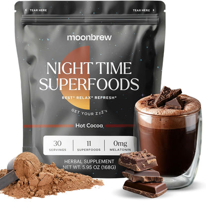 MoonBrew Nighttime Magnesium Hot Cocoa Jar, Natural Sleep Aid Drink Mix for Adults - Calming Melatonin-Free Sleep Support - Sleepy Hot Chocolate Powder with L-Theanine, Chamomile & Zinc Glycinate(New and old packaging sent randomly)