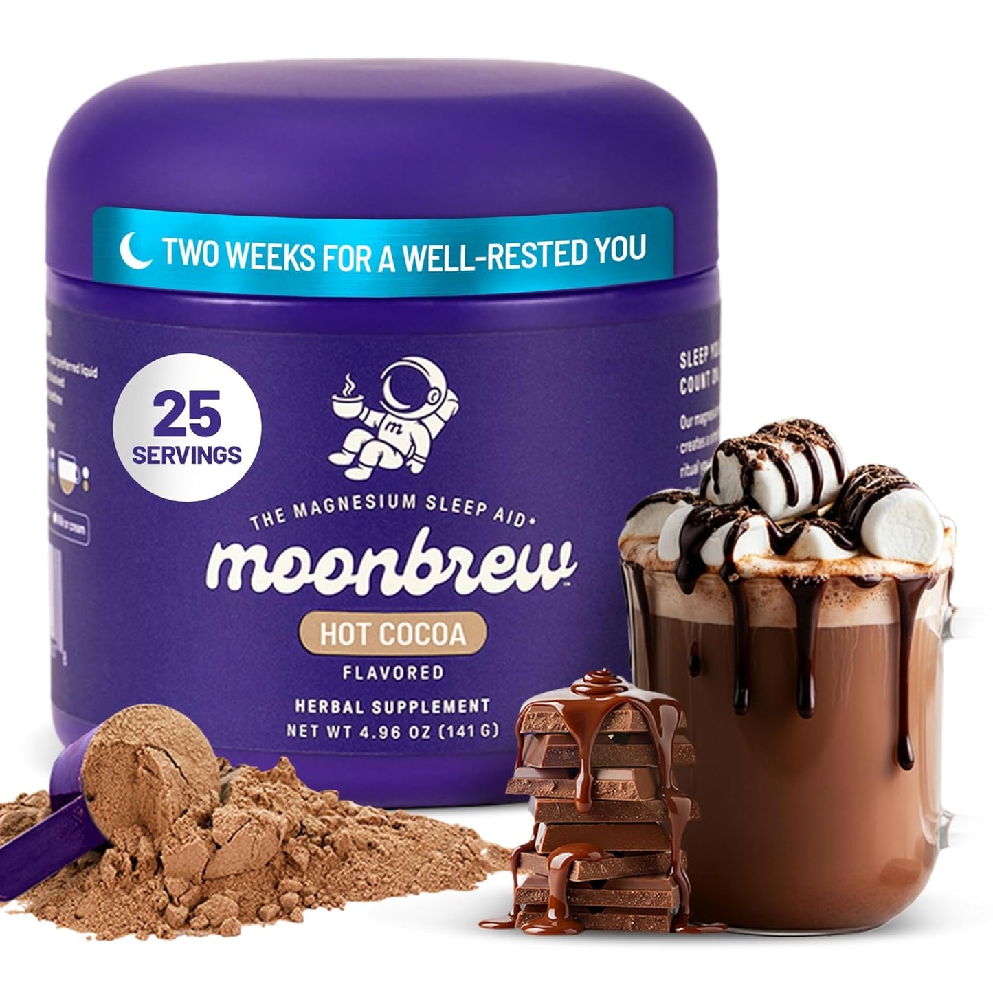 MoonBrew Nighttime Magnesium Hot Cocoa Jar, Natural Sleep Aid Drink Mix for Adults - Calming Melatonin-Free Sleep Support - Sleepy Hot Chocolate Powder with L-Theanine, Chamomile & Zinc Glycinate(New and old packaging sent randomly)